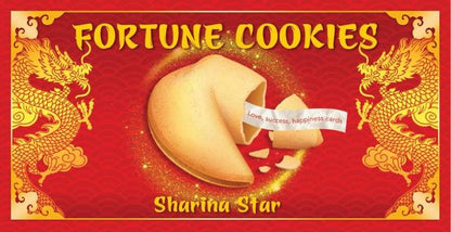 Fortune cookies packaging with dragons on a red background, featuring the brand 'Sharina Star'.