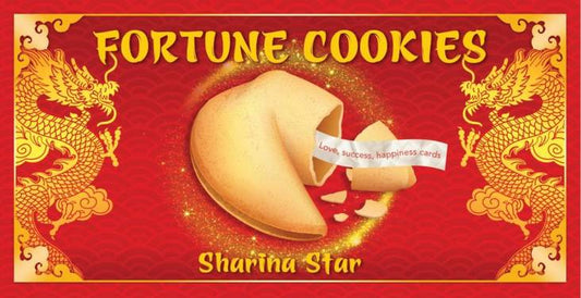 Fortune cookies packaging with dragons on a red background, featuring the brand 'Sharina Star'.