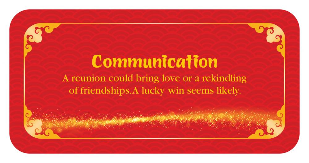 Red card with gold text and decorative border on a white background