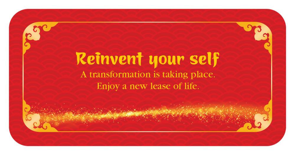 Red card with gold text and decorative border on a white background