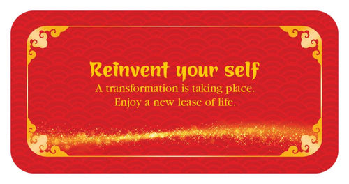 Red card with gold text and decorative border on a white background
