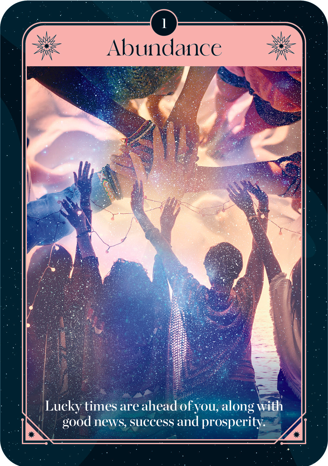 Card with silhouette of people raising hands, text 'Abundance' and 'Lucky times are ahead of you, along with good news, success and prosperity.'.