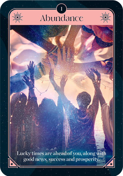 Card with silhouette of people raising hands, text 'Abundance' and 'Lucky times are ahead of you, along with good news, success and prosperity.'.
