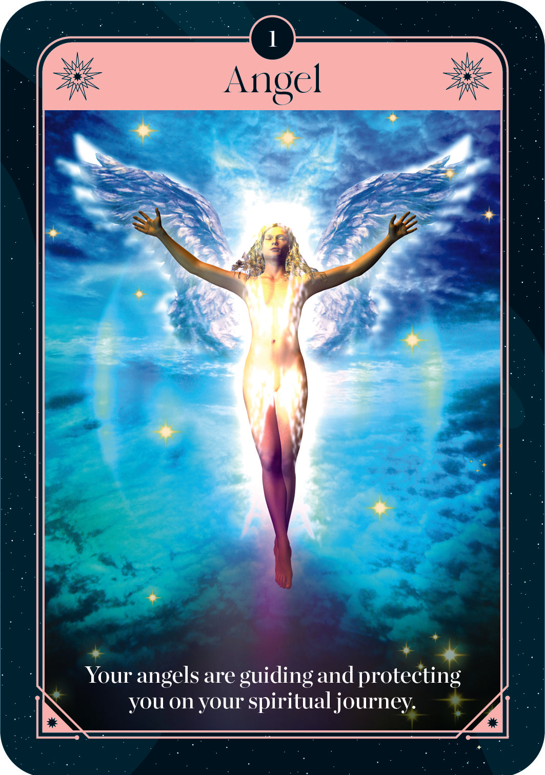 Card with an angelic figure and text about guiding and protecting on a spiritual journey