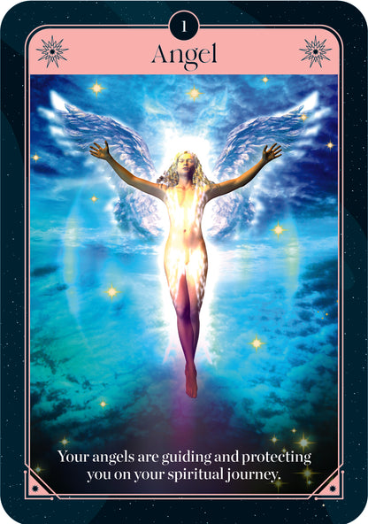 Card with an angelic figure and text about guiding and protecting on a spiritual journey