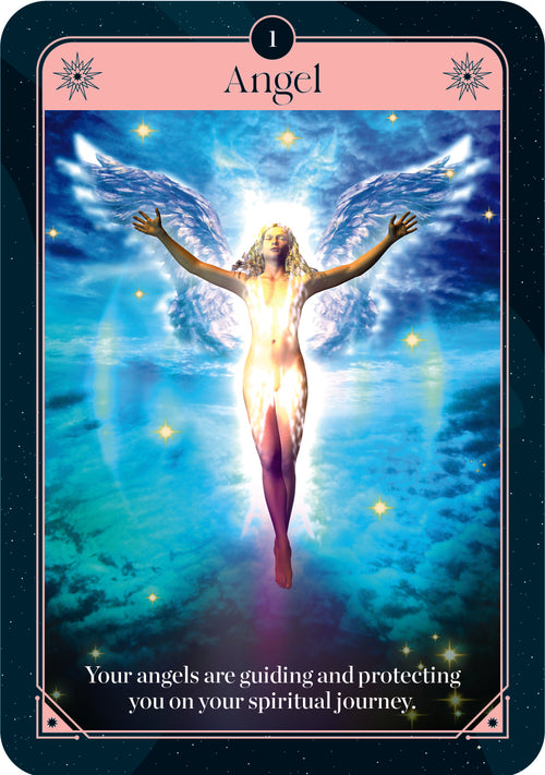 Card with an angelic figure and text about guiding and protecting on a spiritual journey
