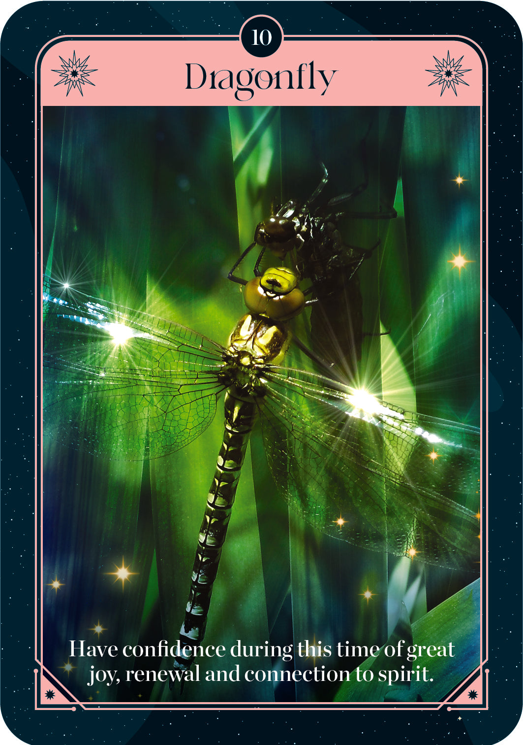 Card featuring a dragonfly with glowing effects on a dark background