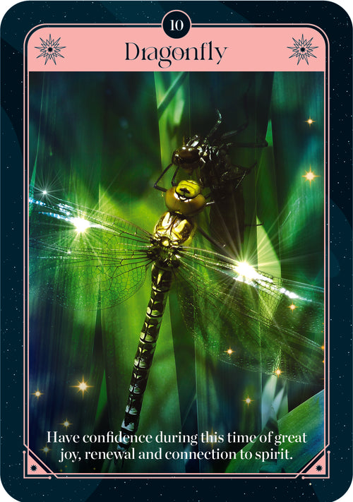 Card featuring a dragonfly with glowing effects on a dark background