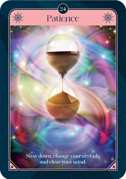 Card with an hourglass and colorful background, labeled 'Patience'.