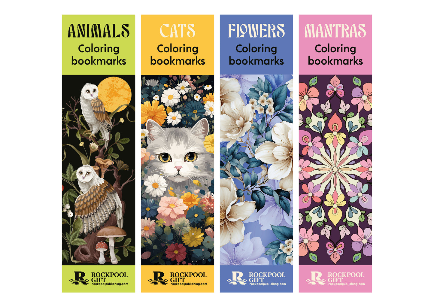 Four coloring bookmarks with different designs on a white background