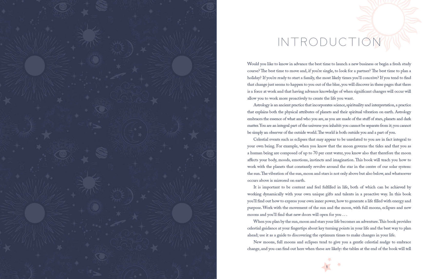 Book page with celestial pattern on the left and text on the right
