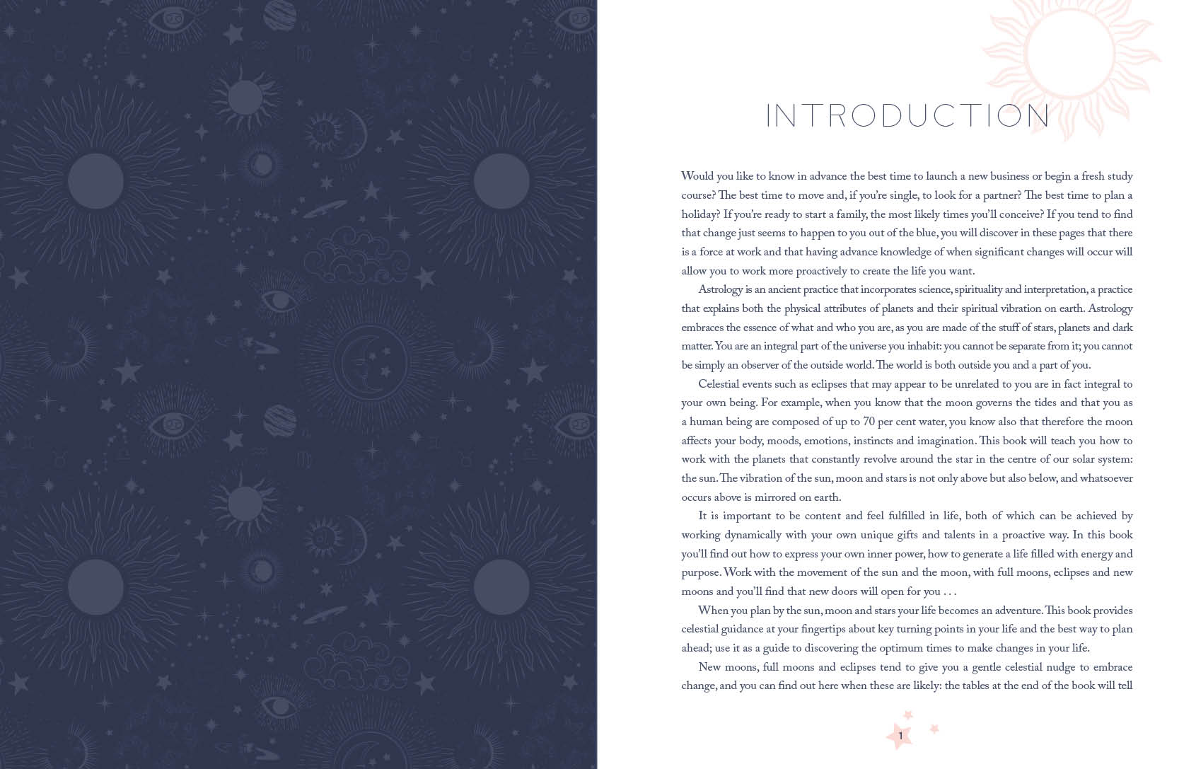 Book page with celestial pattern on the left and text on the right