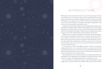 Book page with celestial pattern on the left and text on the right