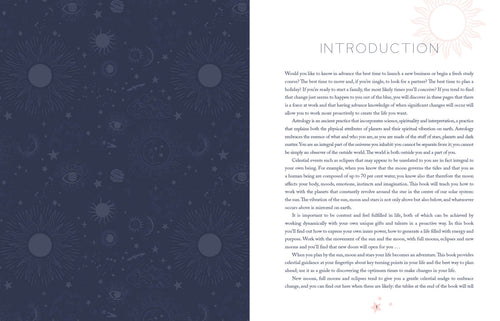 Book page with celestial pattern on the left and text on the right