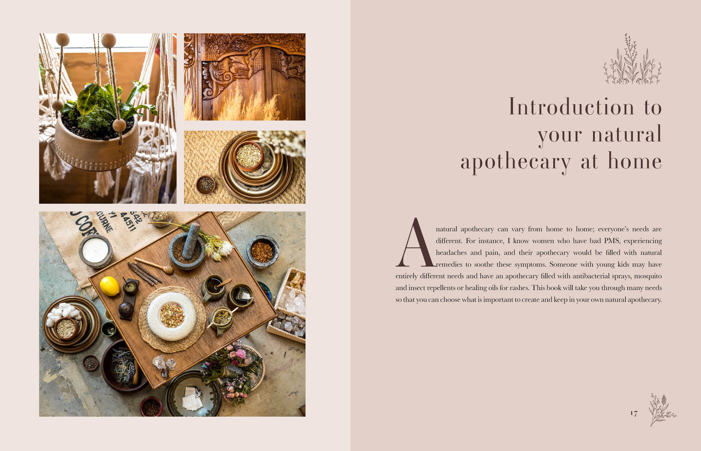 Page from a book or magazine featuring natural apothecary items and text on a light pink background.