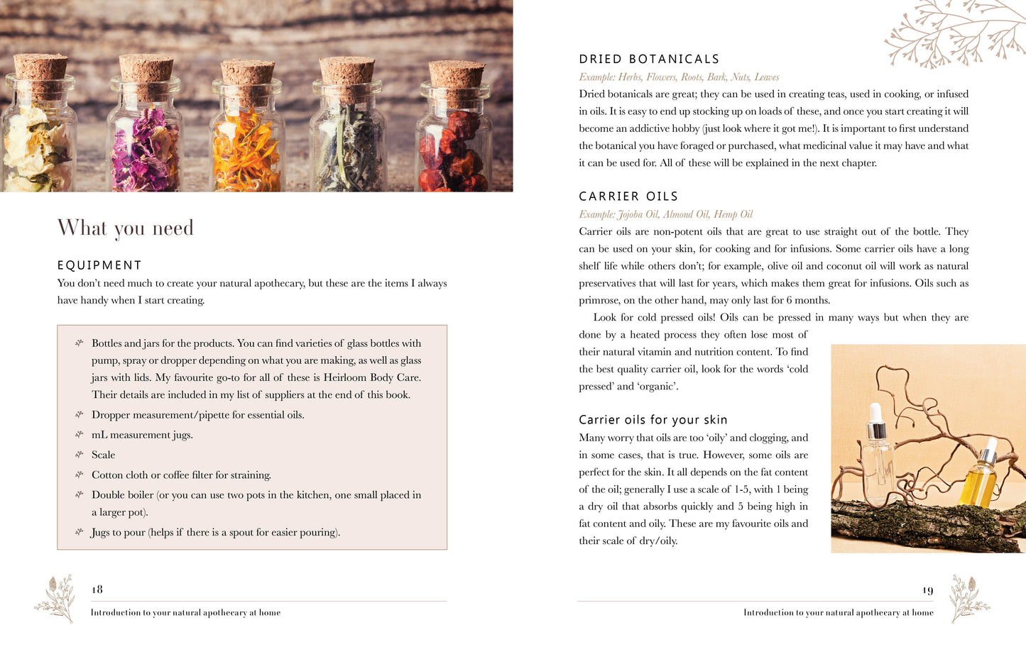 Page from a book or manual on natural apothecary with dried botanicals and carrier oils.