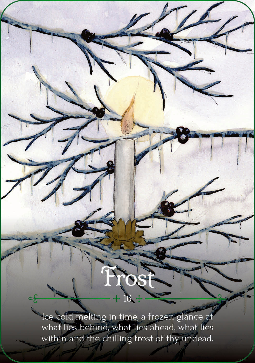 Candle in front of icy branches with the word 'Frost' at the bottom.