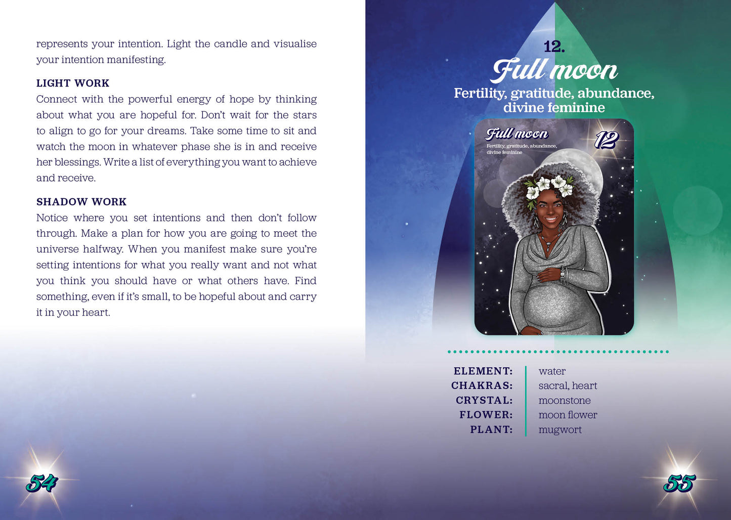 Card with a pregnant woman and text about a full moon, featuring elements like water, heart, and moonstone.