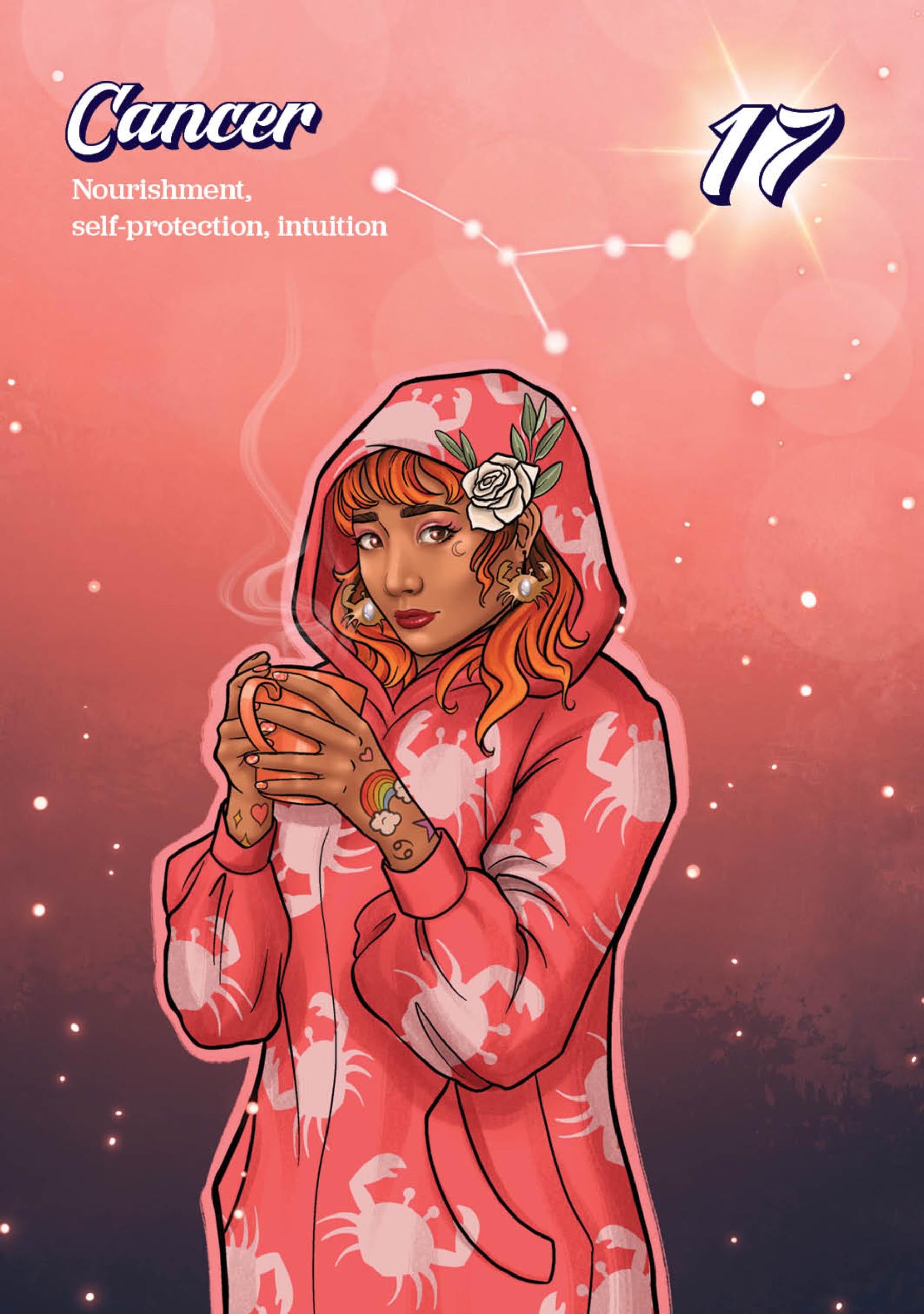 Illustration of a person wearing a pink hoodie with crab patterns, against a pink background with star constellations.