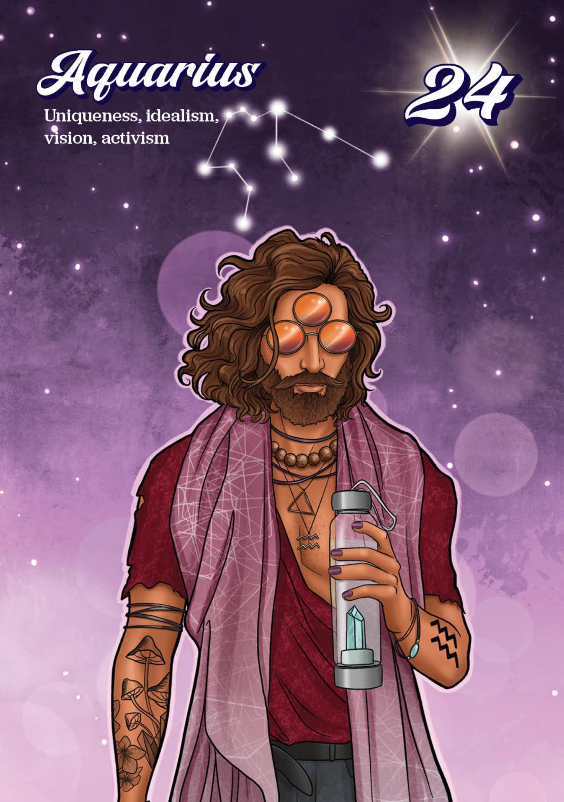 Illustration of a person with tattoos and a beard, holding a water bottle, against a purple background with 'Aquarius' text.