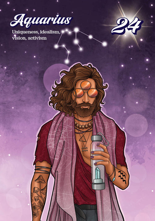 Illustration of a person with tattoos and a beard, holding a water bottle, against a purple background with 'Aquarius' text.