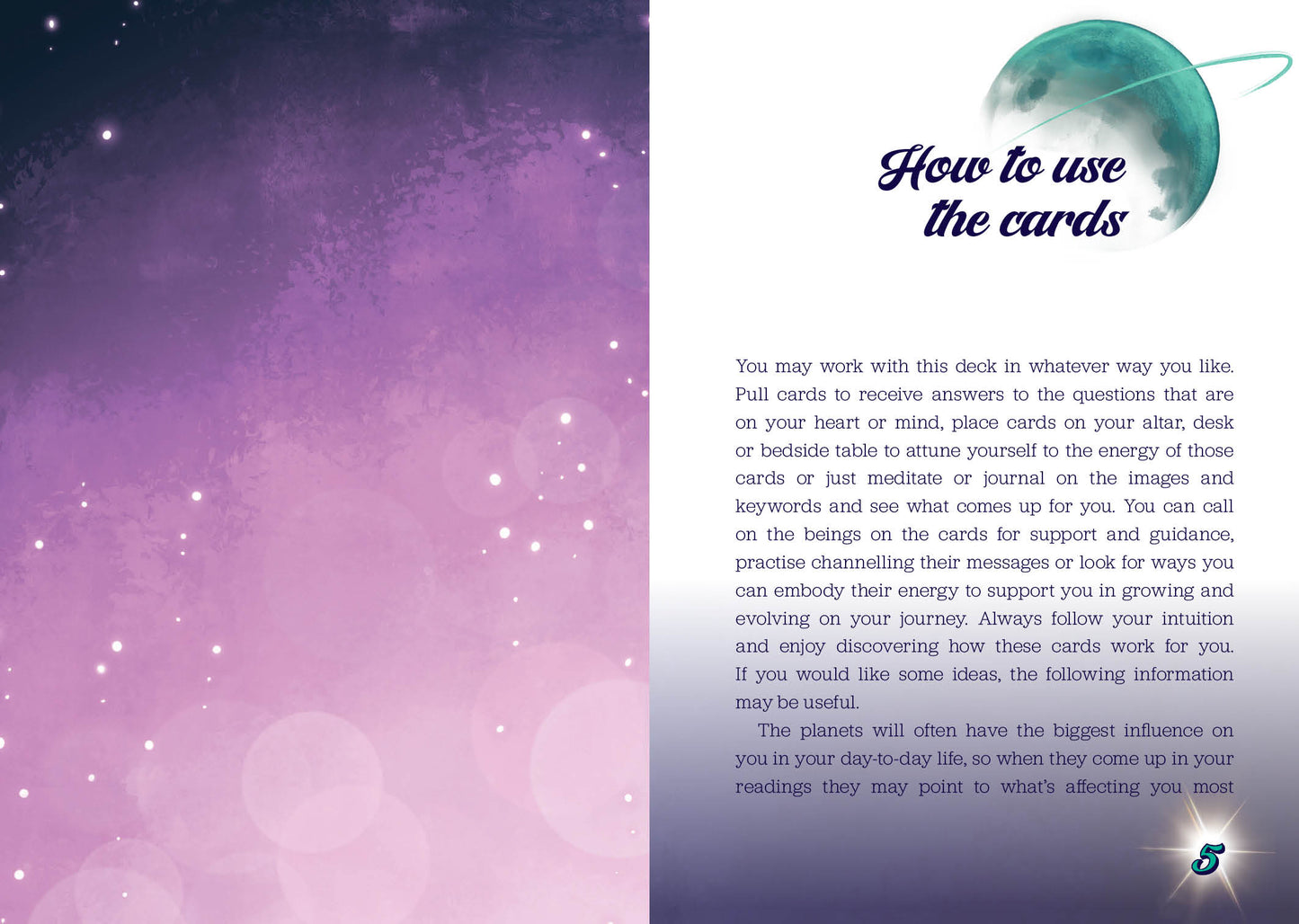 Instructions on how to use a deck of cards with a purple and pink gradient background.