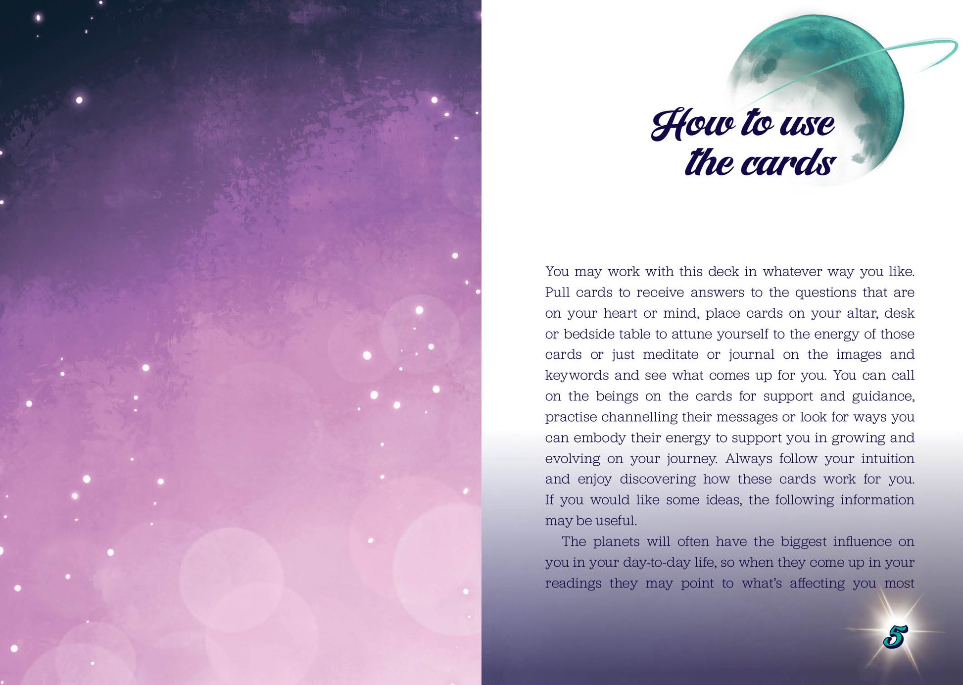 Instructions on how to use a deck of cards with a purple and pink gradient background.
