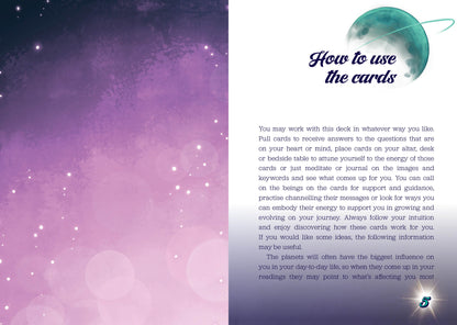 Instructions on how to use a deck of cards with a purple and pink gradient background.