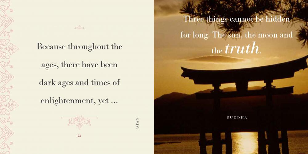 Sunset over a traditional Japanese gate with a quote by Buddha on a beige background