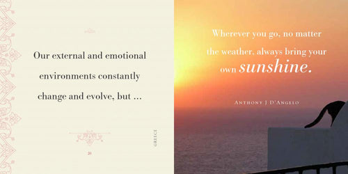 Sunset over water with silhouette of a person and motivational quote on a decorative background