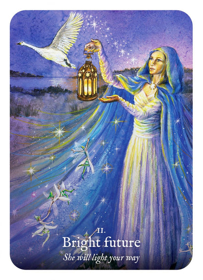 Woman in a blue cloak holding a lantern with a goose flying above, against a starry night sky.