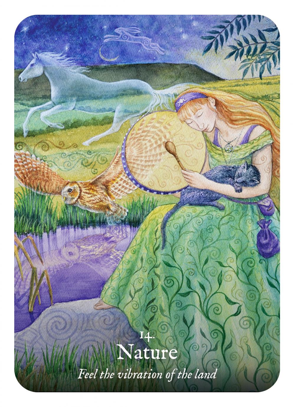 Card featuring a woman holding a cat, surrounded by nature elements like a horse and owl, with 'Nature' and 'Feel the vibration of the land' text.