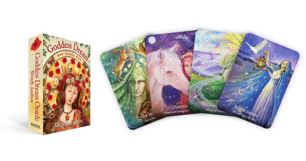 Goddess Dream Oracle cards by Wendy Andrew with colorful illustrations and a box on a white background