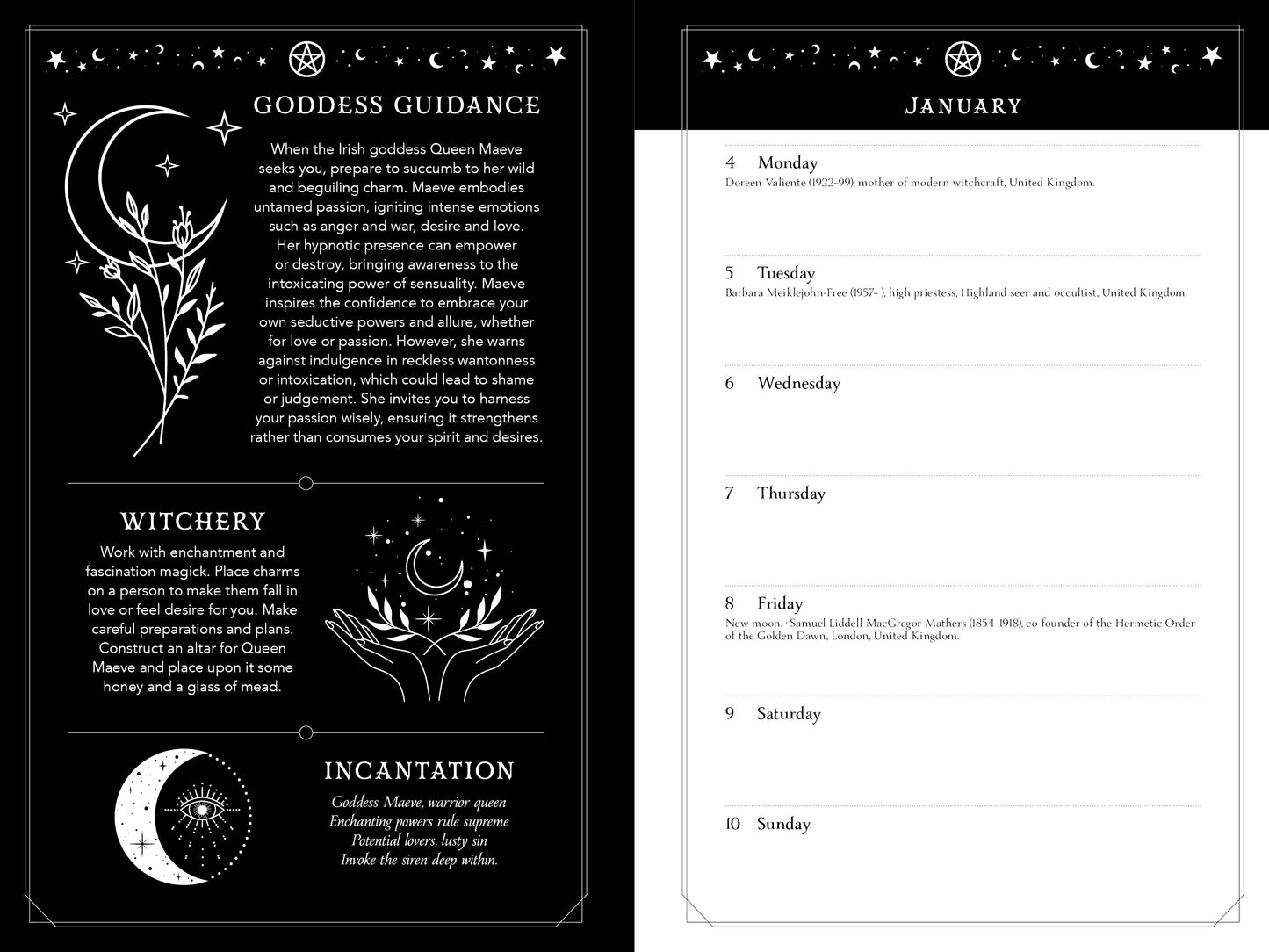 Goddess Guidance calendar with witchery and incantation text on a black background