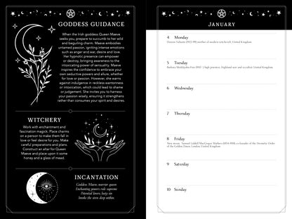 Goddess Guidance calendar with witchery and incantation text on a black background