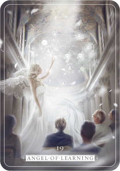 Illustration of an angel of learning with people in a cathedral setting