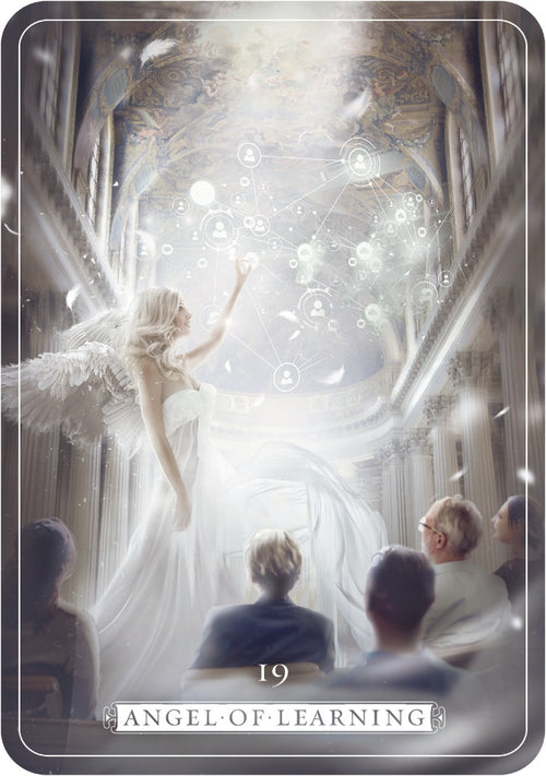 Illustration of an angel of learning with people in a cathedral setting