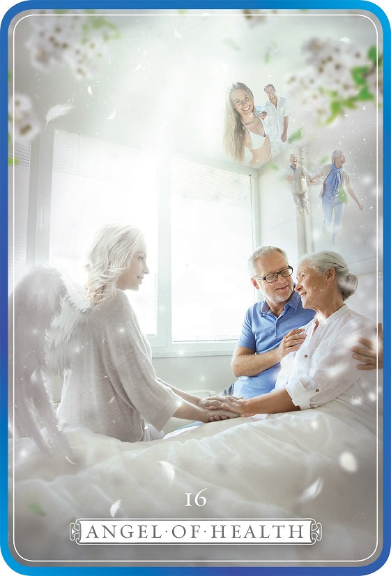 Card titled 'Angel of Health' featuring an elderly couple and a child with an angelic figure.
