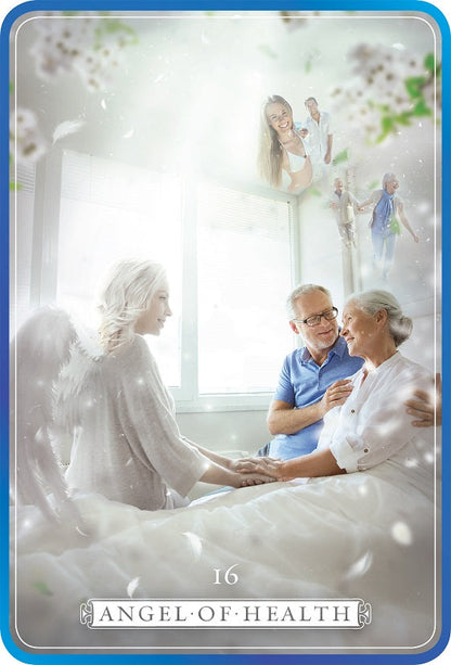 Card titled 'Angel of Health' featuring an elderly couple and a child with an angelic figure.