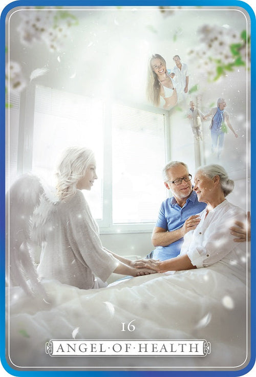 Card titled 'Angel of Health' featuring an elderly couple and a child with an angelic figure.