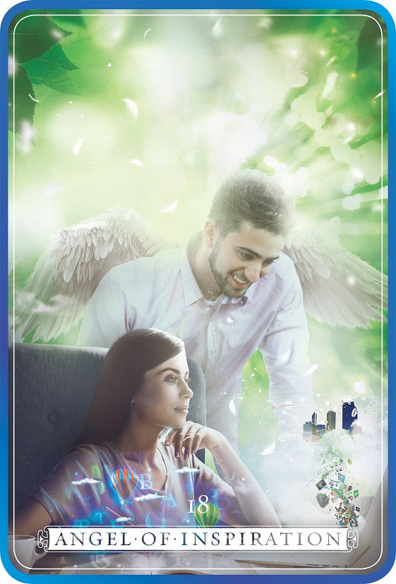Man and woman with angel wings in a romantic setting, surrounded by nature elements.