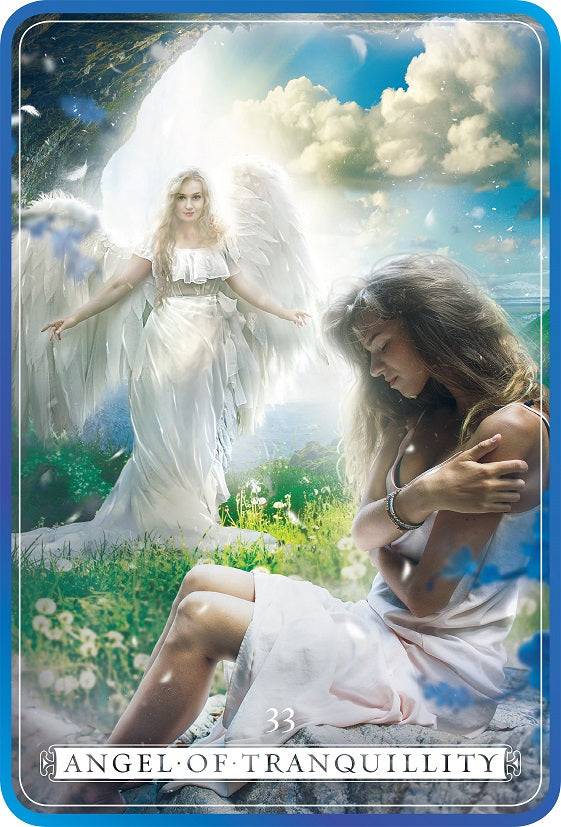 Card featuring an angel of tranquility with a woman in a field