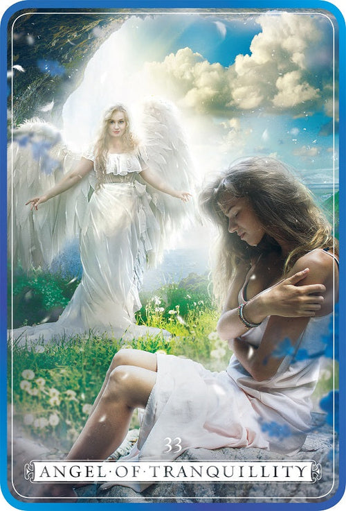 Card featuring an angel of tranquility with a woman in a field