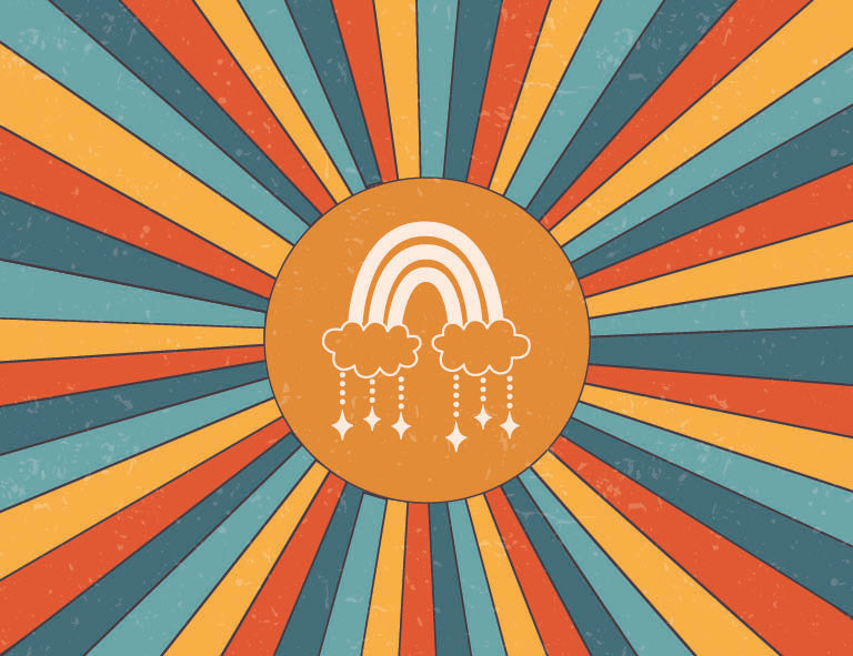 Colorful sunburst design with a rainbow and clouds icon in the center.