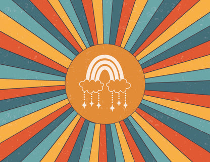 Colorful sunburst design with a rainbow and clouds icon in the center.