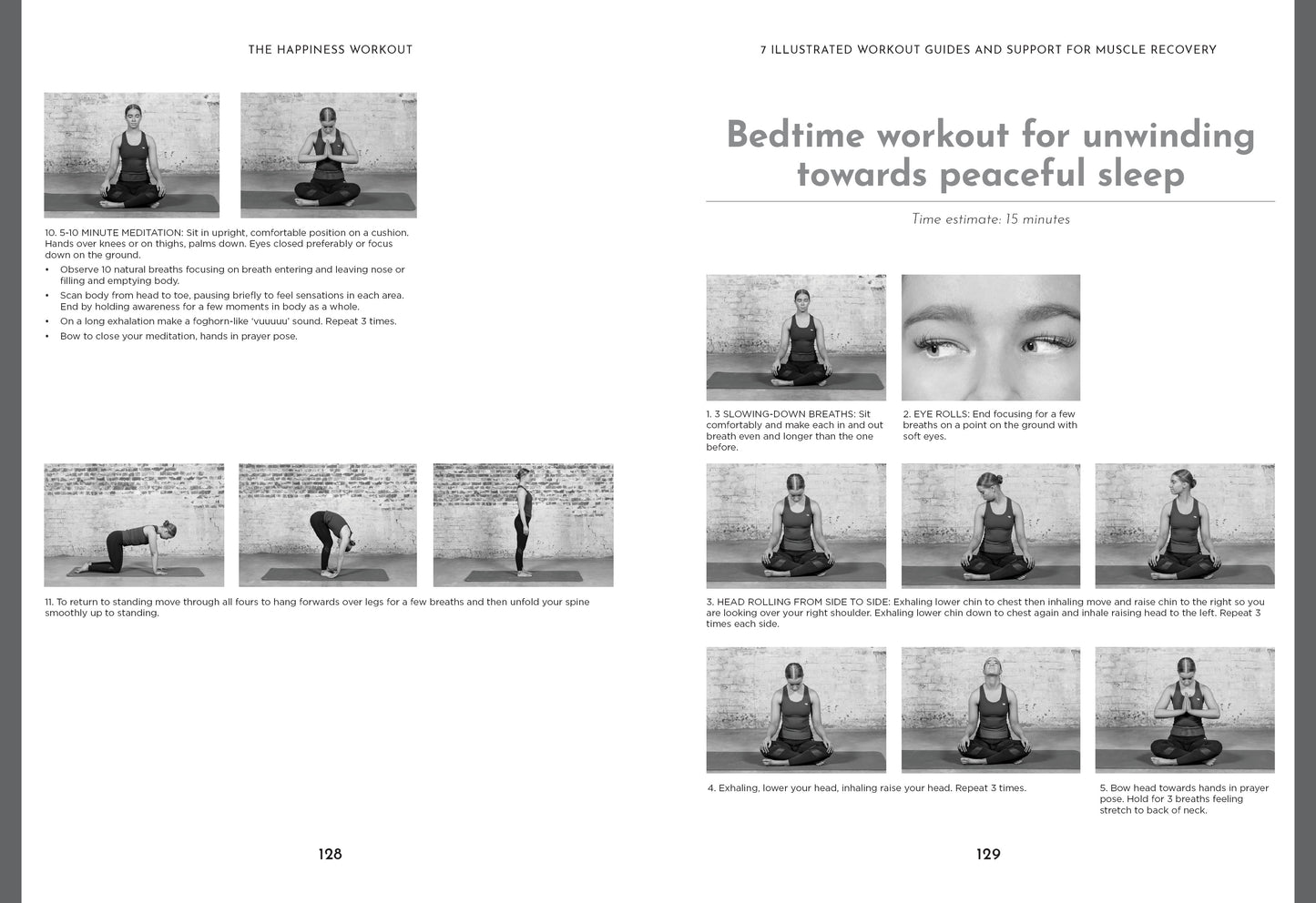 Page from a book or magazine featuring a bedtime workout routine for muscle recovery and sleep.