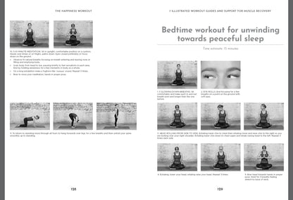 Page from a book or magazine featuring a bedtime workout routine for muscle recovery and sleep.