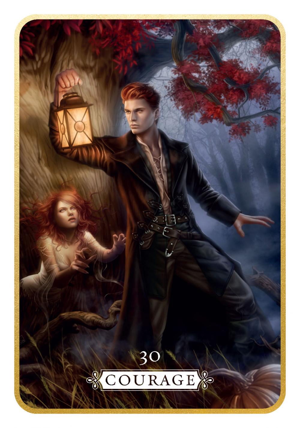 Tarot card titled 'Courage' featuring a man with a lantern and a child in a forest setting.