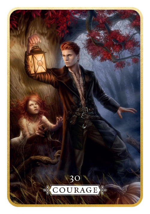 Tarot card titled 'Courage' featuring a man with a lantern and a child in a forest setting.