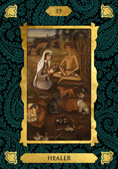 Healer oracle card featuring children in a desolate landscape playing with cats. 